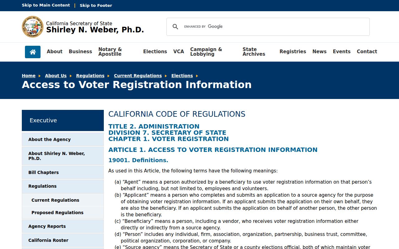 Escondido resident lookup California voter information access rules